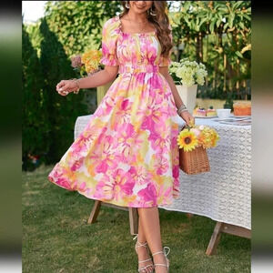 VCAY Allover Floral Print Frill Trim Flounce Sleeve A-line Dress